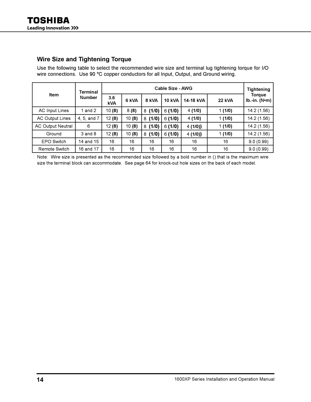Toshiba 1600XP manual Wire Size and Tightening Torque, Number KVA 10 kVA 14-18 kVA 22 kVA Lb.-in. Nm 