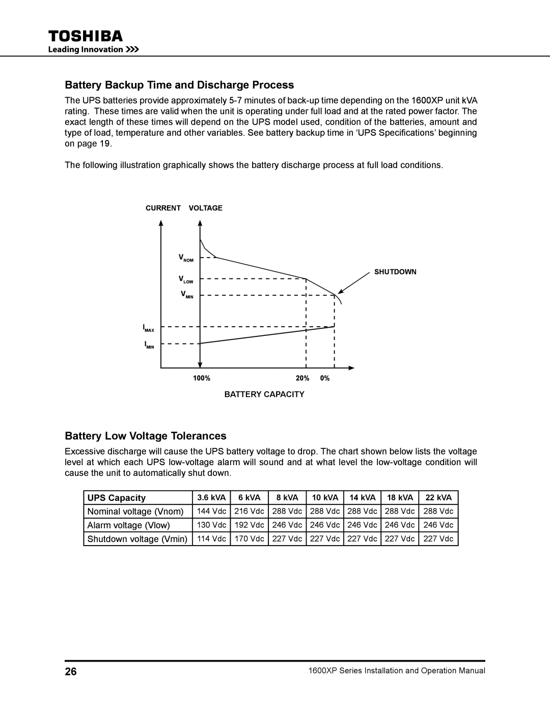 Toshiba 1600XP manual Battery Backup Time and Discharge Process, Battery Low Voltage Tolerances, UPS Capacity 