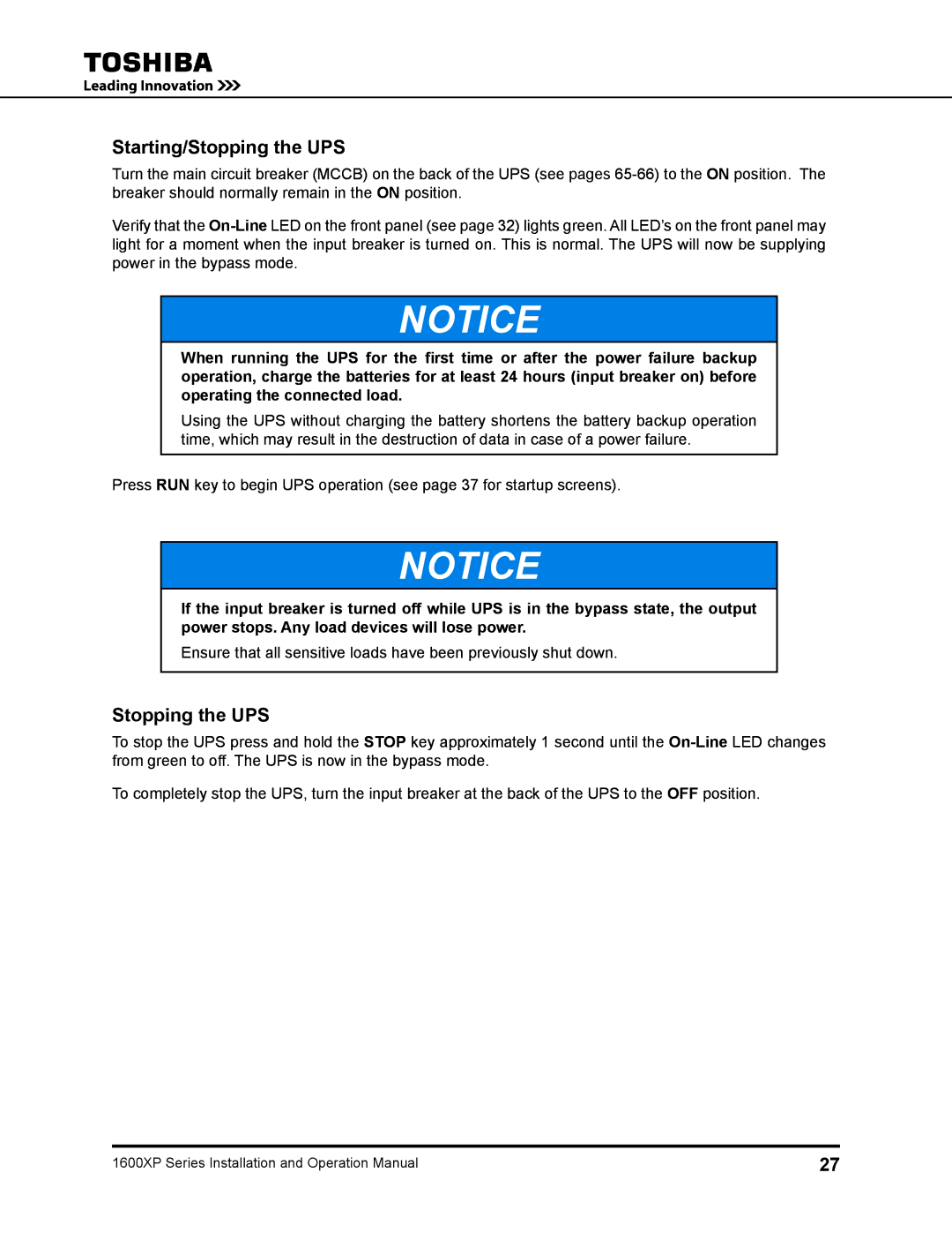 Toshiba 1600XP manual Starting/Stopping the UPS 