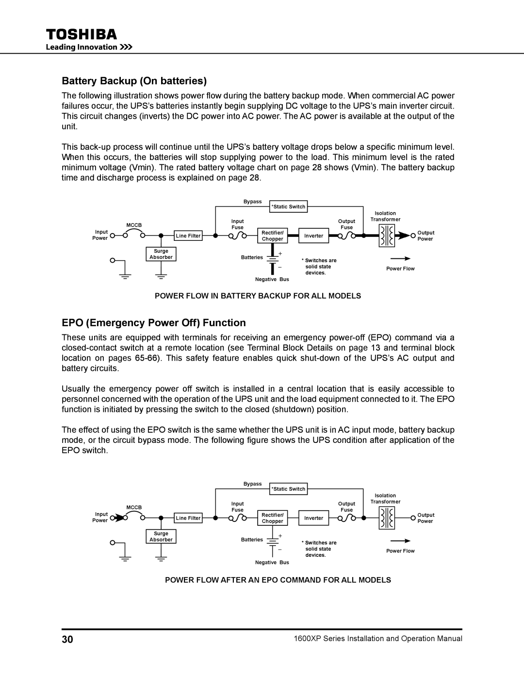 Toshiba 1600XP manual Battery Backup On batteries, EPO Emergency Power Off Function 