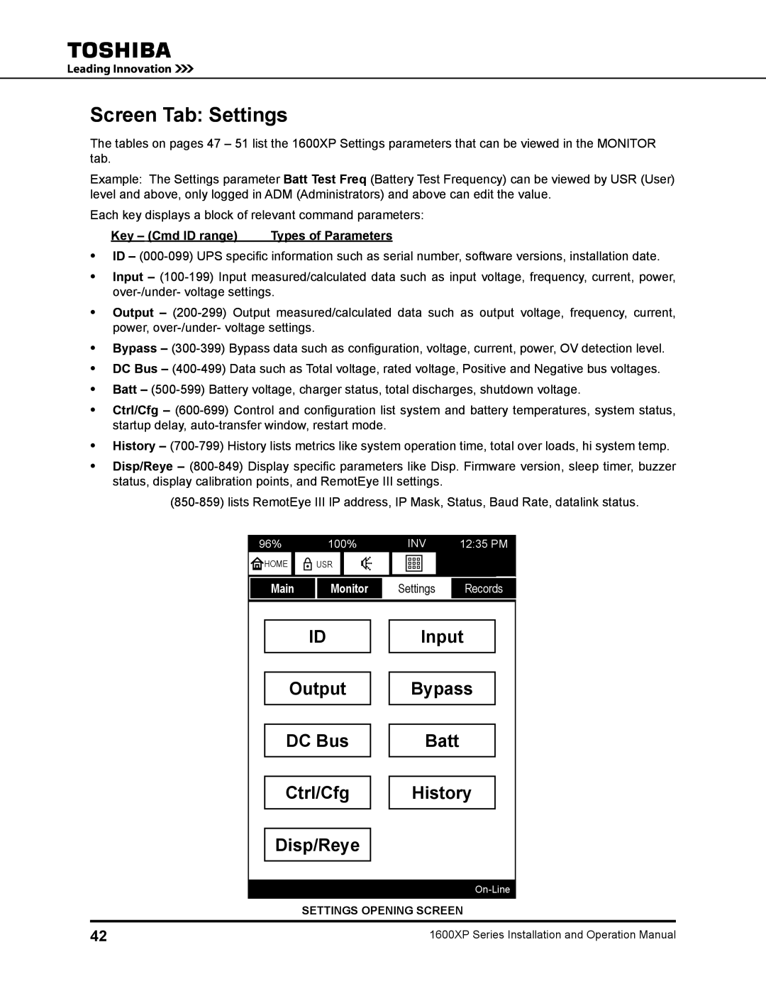 Toshiba 1600XP manual Screen Tab Settings, Key Cmd ID range Types of Parameters 