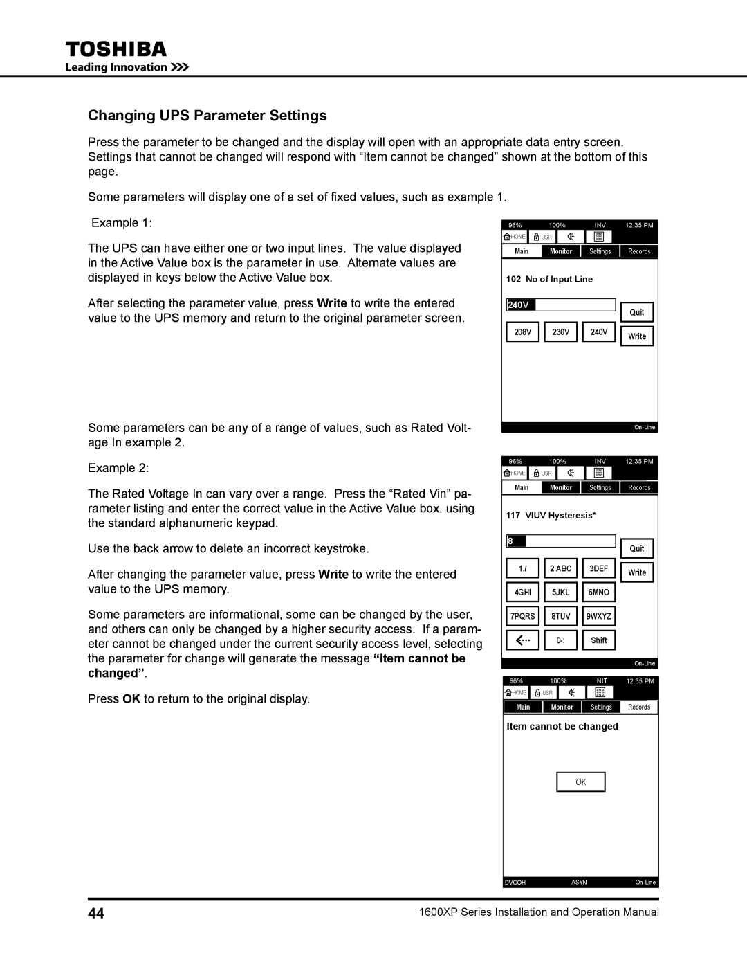 Toshiba 1600XP manual Changing UPS Parameter Settings, 240V 