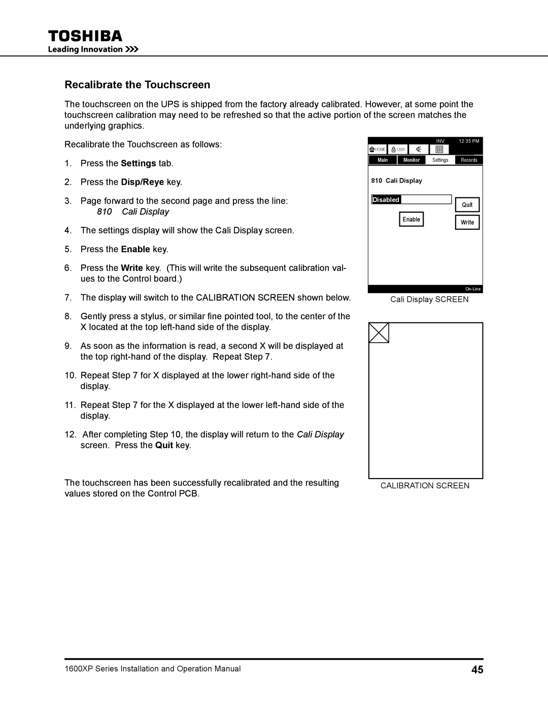 Toshiba 1600XP manual Recalibrate the Touchscreen 