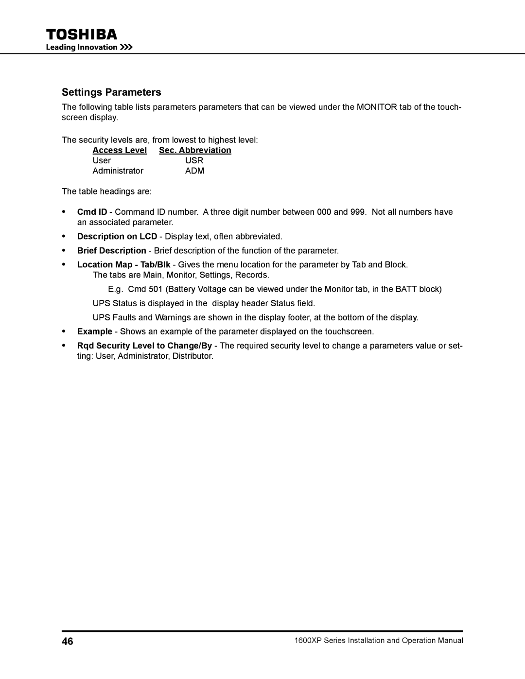 Toshiba 1600XP manual Settings Parameters, Access Level Sec. Abbreviation, Usr, Adm 