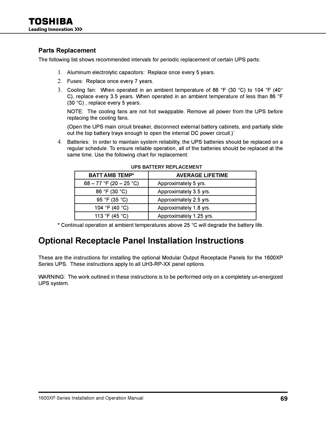 Toshiba 1600XP Optional Receptacle Panel Installation Instructions, Parts Replacement, Batt Amb Temp Average lifetime 