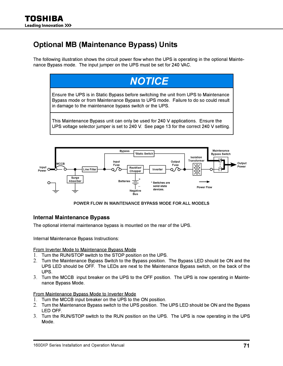 Toshiba 1600XP manual Optional MB Maintenance Bypass Units, Internal Maintenance Bypass, Led Off 