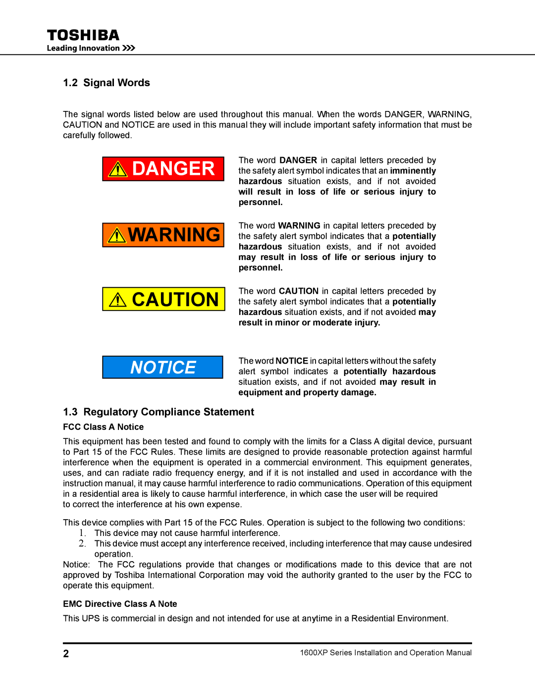 Toshiba 1600XP Signal Words, Regulatory Compliance Statement, FCC Class a Notice, EMC Directive Class a Note 