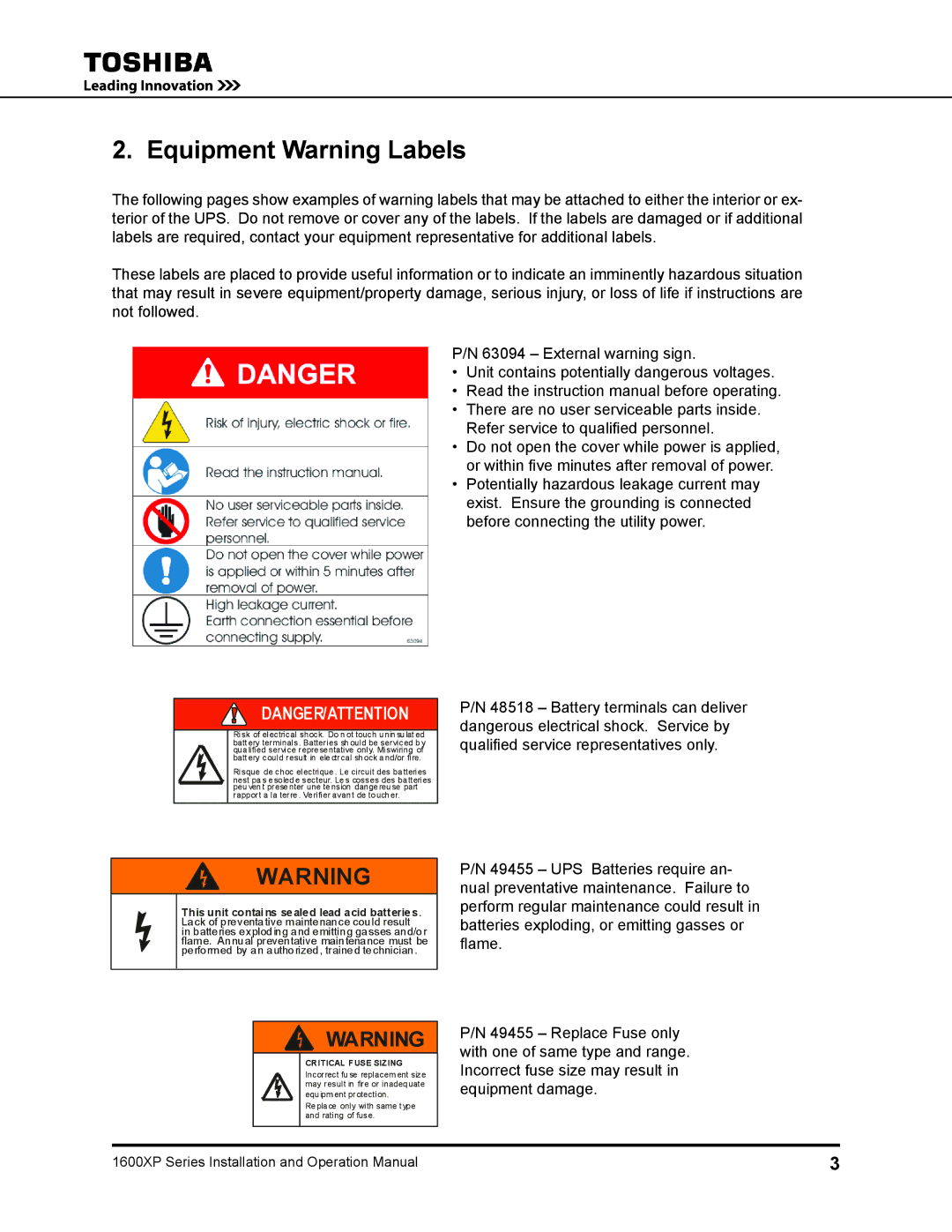 Toshiba 1600XP operation manual Equipment Warning Labels, Critical Fuse Sizing 