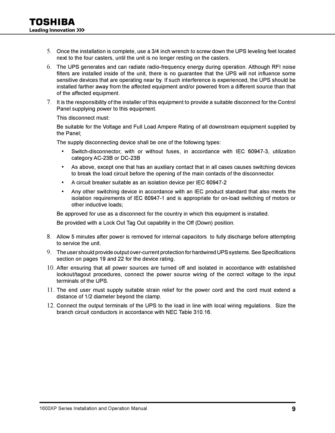 Toshiba 1600XP operation manual 