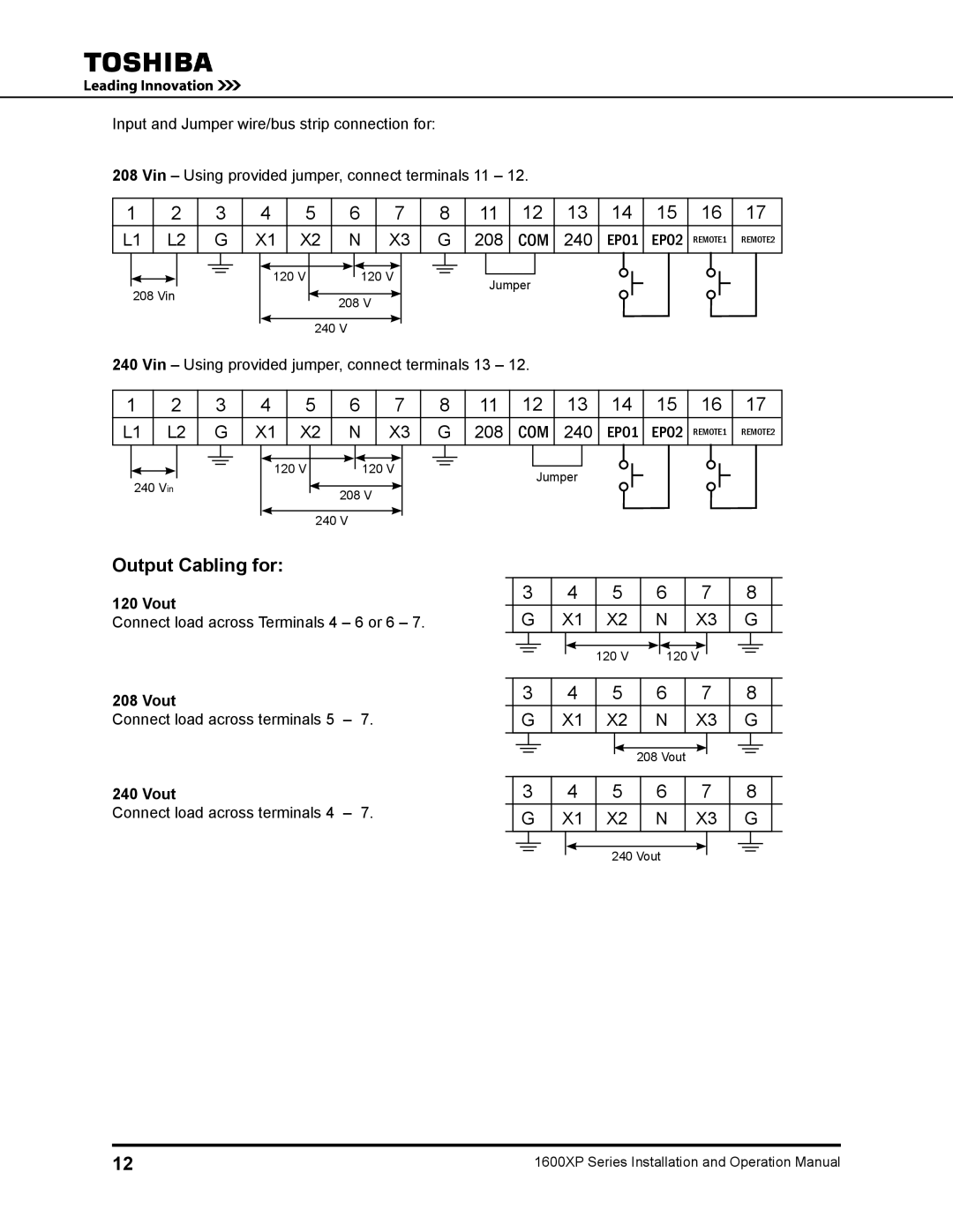 Toshiba 1600XP operation manual Output Cabling for, Vout 