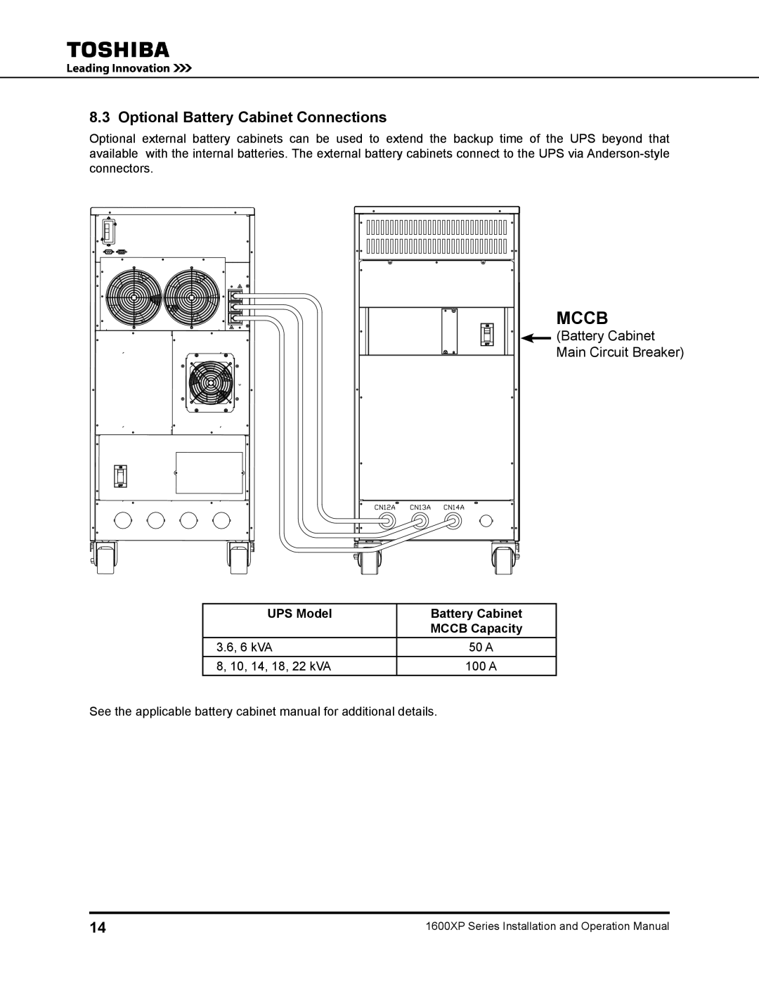 Toshiba 1600XP operation manual Optional Battery Cabinet Connections, UPS Model Battery Cabinet Mccb Capacity 