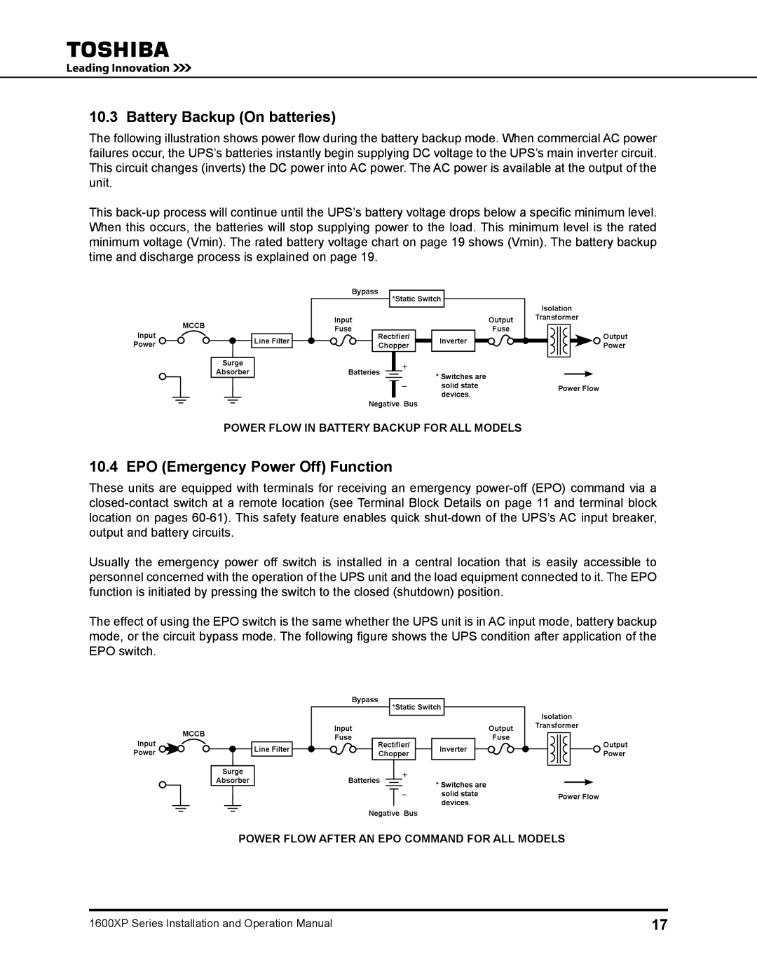 Toshiba 1600XP operation manual Battery Backup On batteries, EPO Emergency Power Off Function 