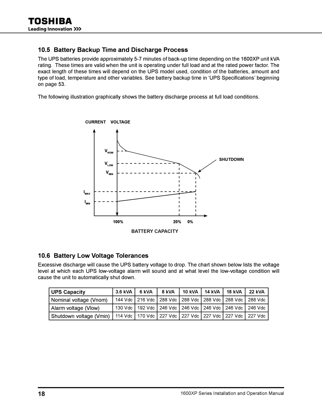 Toshiba 1600XP operation manual Battery Backup Time and Discharge Process, Battery Low Voltage Tolerances, UPS Capacity 