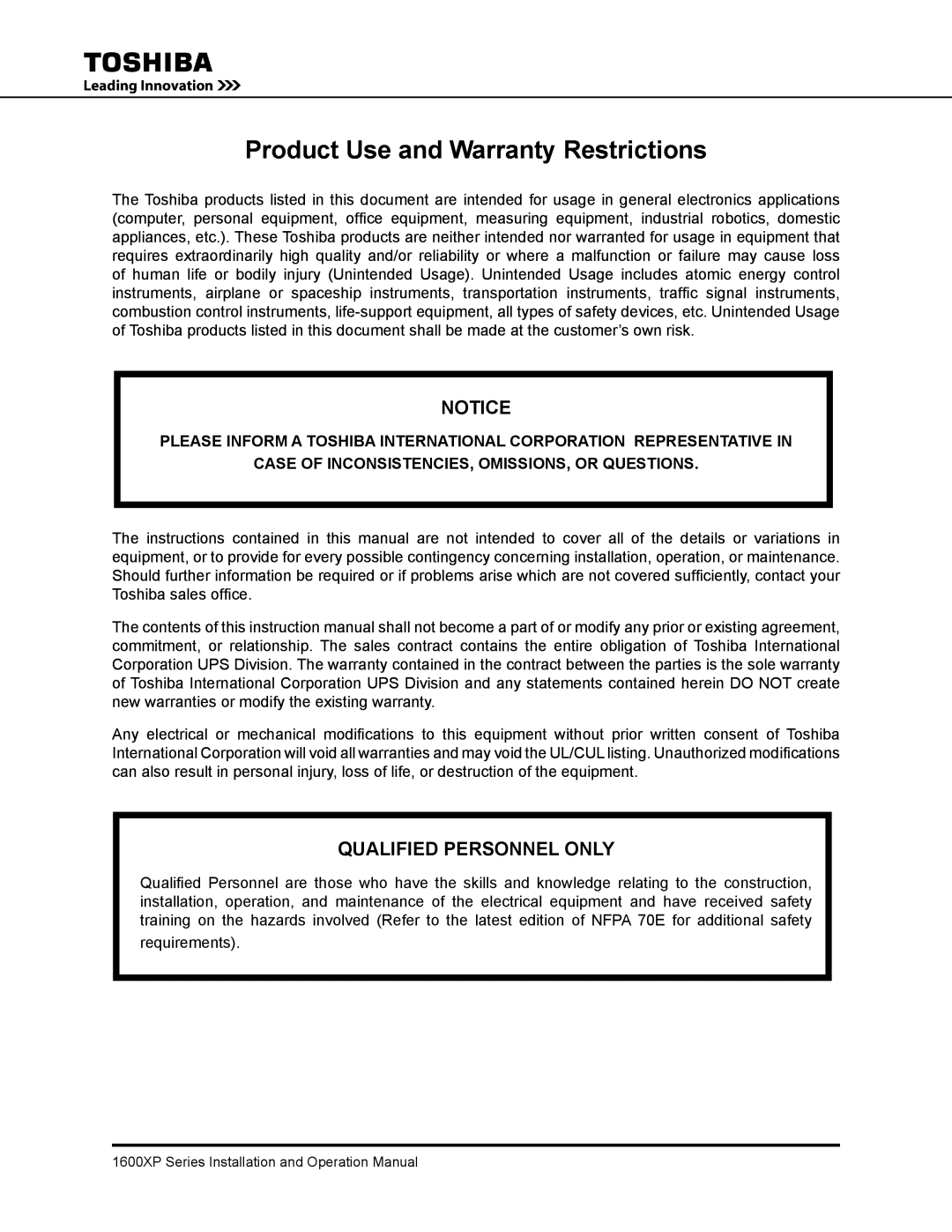 Toshiba 1600XP operation manual Product Use and Warranty Restrictions, Qualified Personnel only 