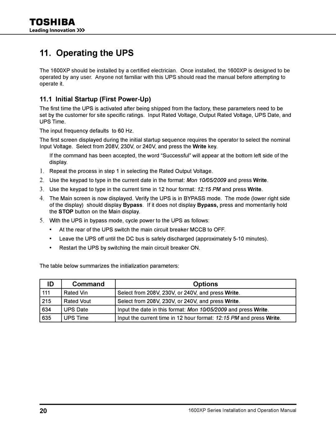 Toshiba 1600XP operation manual Command Options 