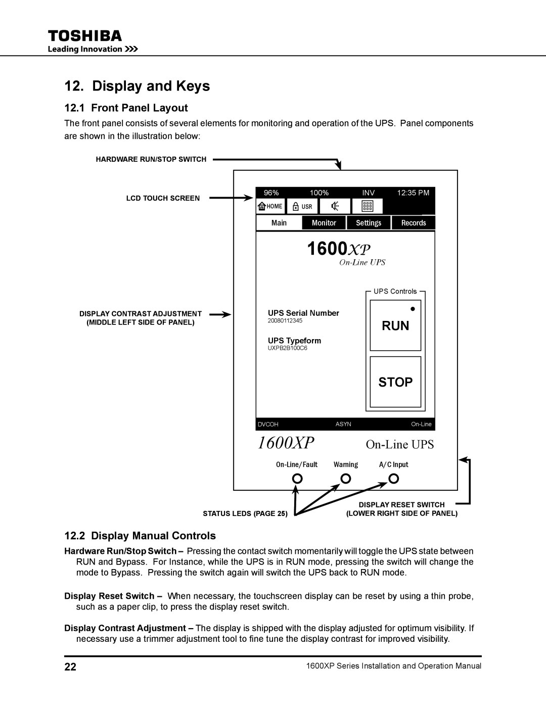 Toshiba 1600XP operation manual Display and Keys, Front Panel Layout, Display Manual Controls 