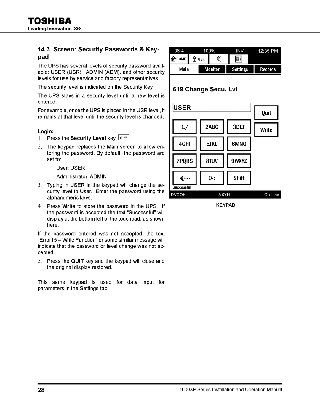 Toshiba 1600XP operation manual Screen Security Passwords & Key Pad, Login 