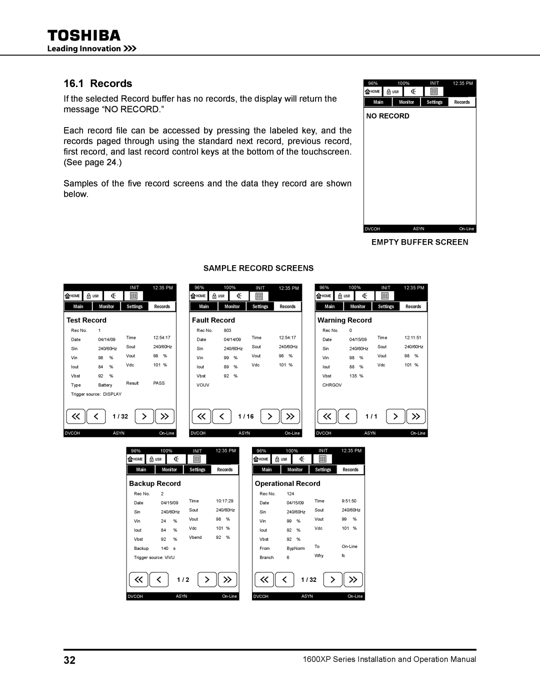 Toshiba 1600XP operation manual Records, Sample Record Screens 