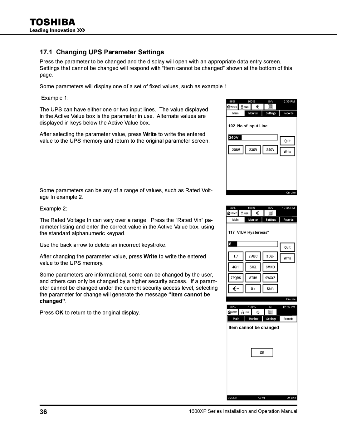 Toshiba 1600XP operation manual Changing UPS Parameter Settings, No of Input Line 240V 