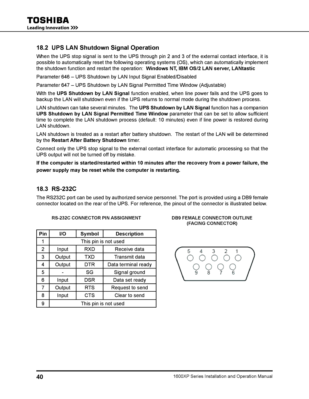 Toshiba 1600XP operation manual UPS LAN Shutdown Signal Operation, 18.3 RS-232C, Pin Symbol Description 