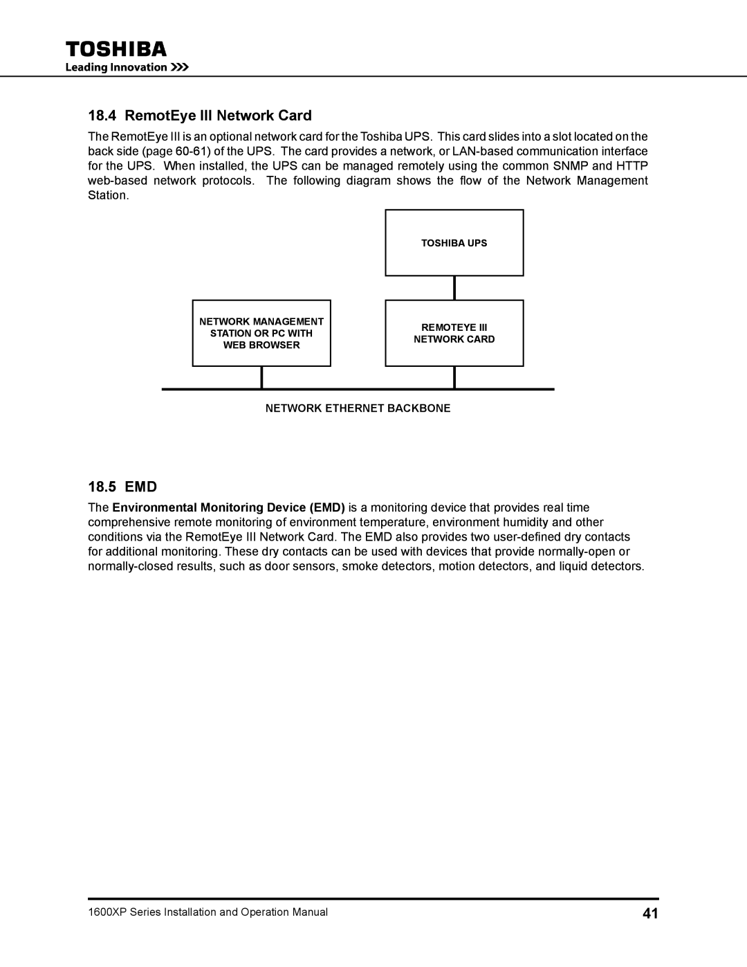 Toshiba 1600XP operation manual RemotEye III Network Card, 18.5 EMD 