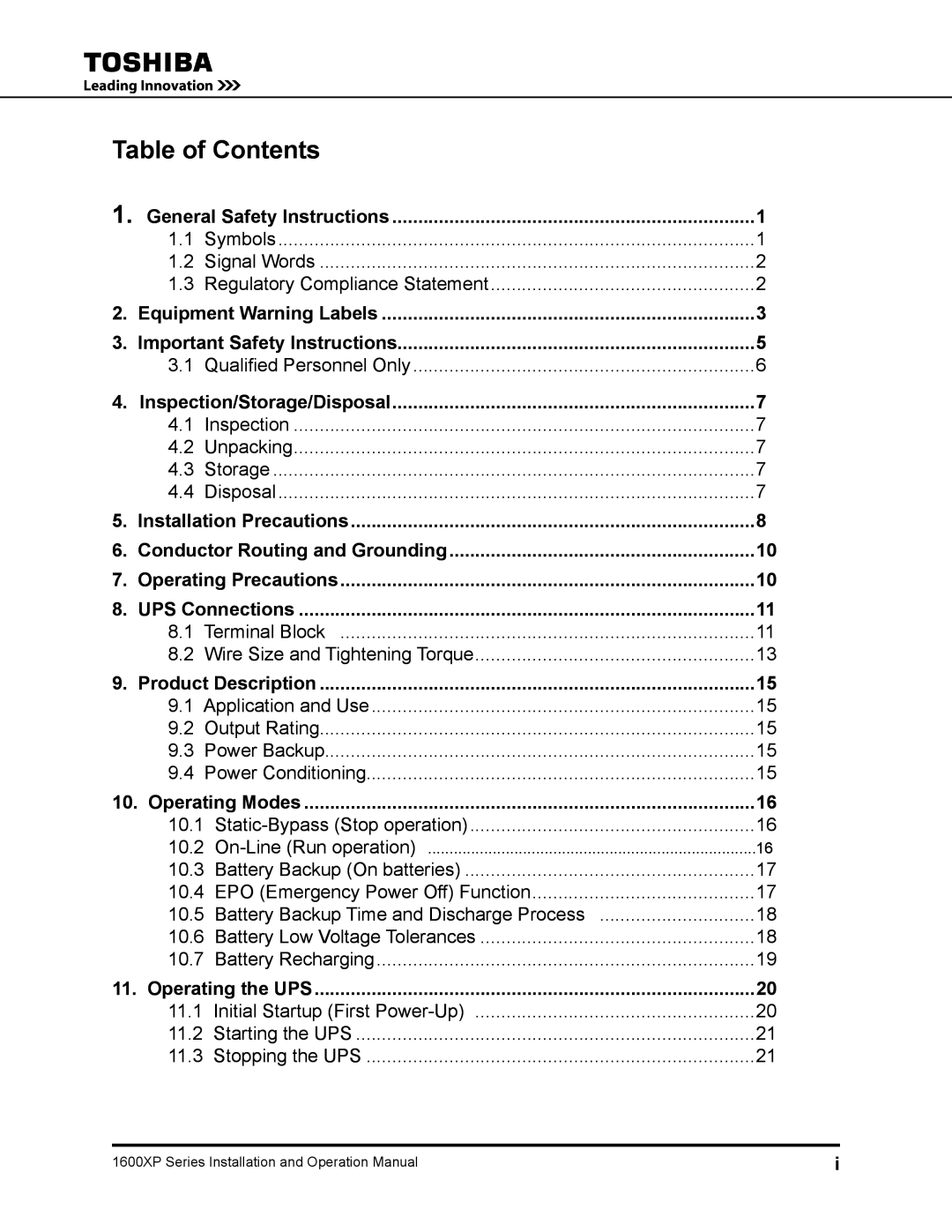 Toshiba 1600XP operation manual Table of Contents 