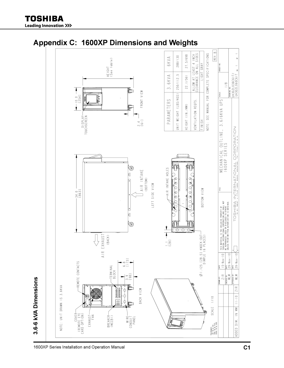 Toshiba operation manual Appendix C 1600XP Dimensions and Weights, KVA Dimensions 