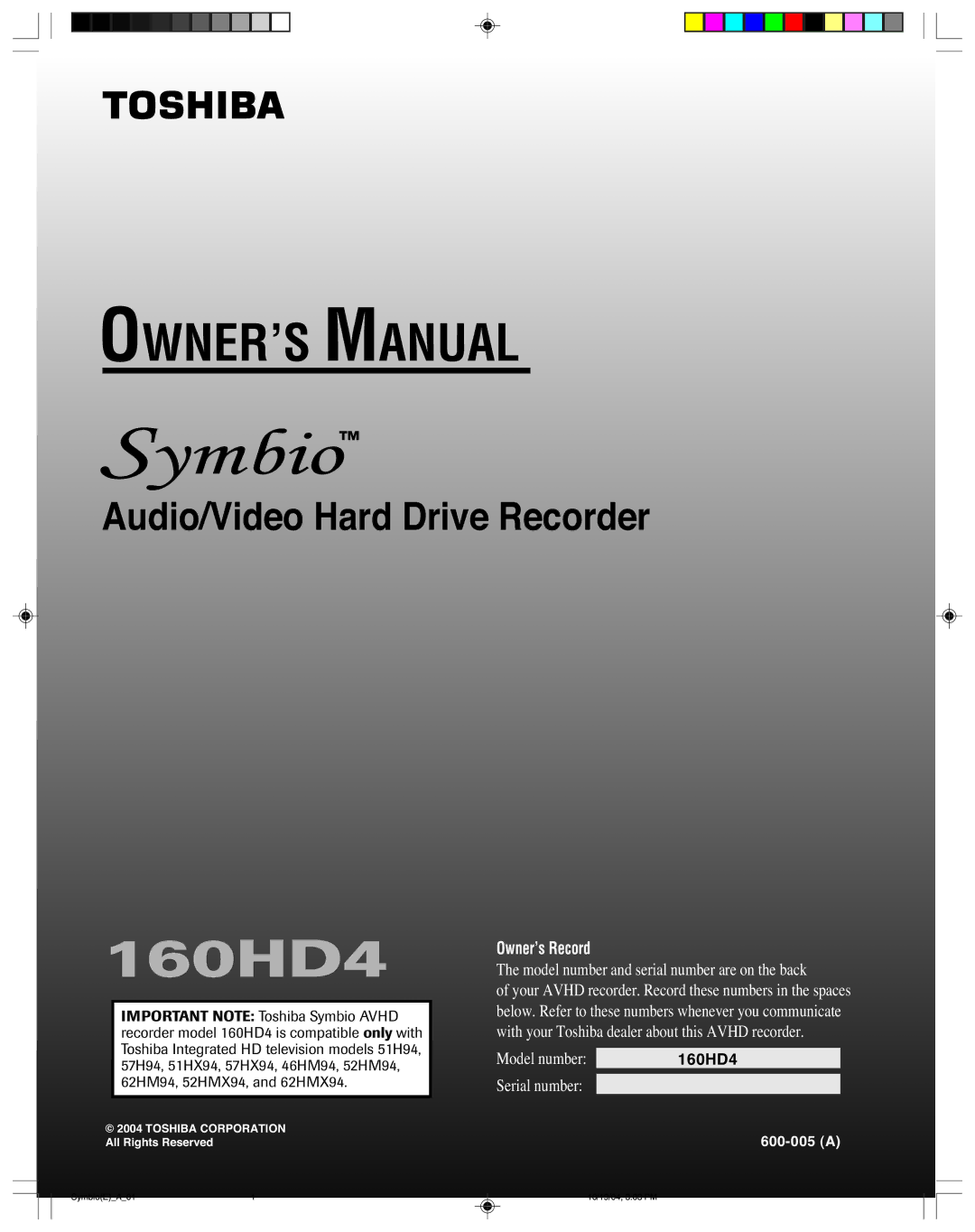 Toshiba 160HD4 owner manual 