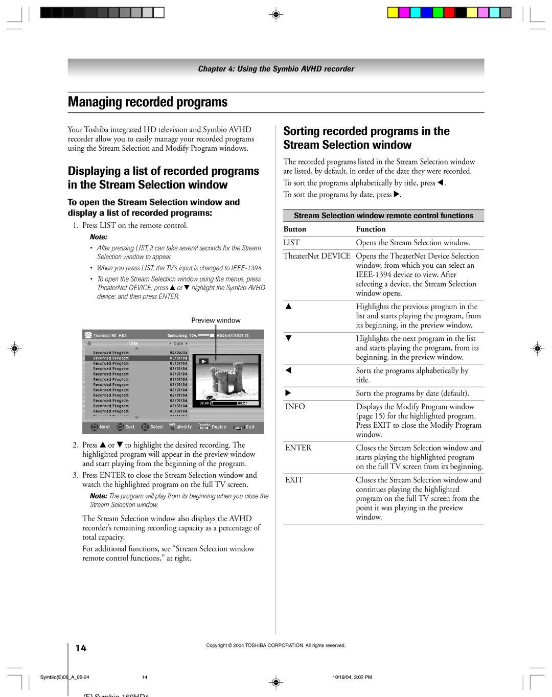 Toshiba 160HD4 Managing recorded programs, Sorting recorded programs in the Stream Selection window, ButtonFunction 