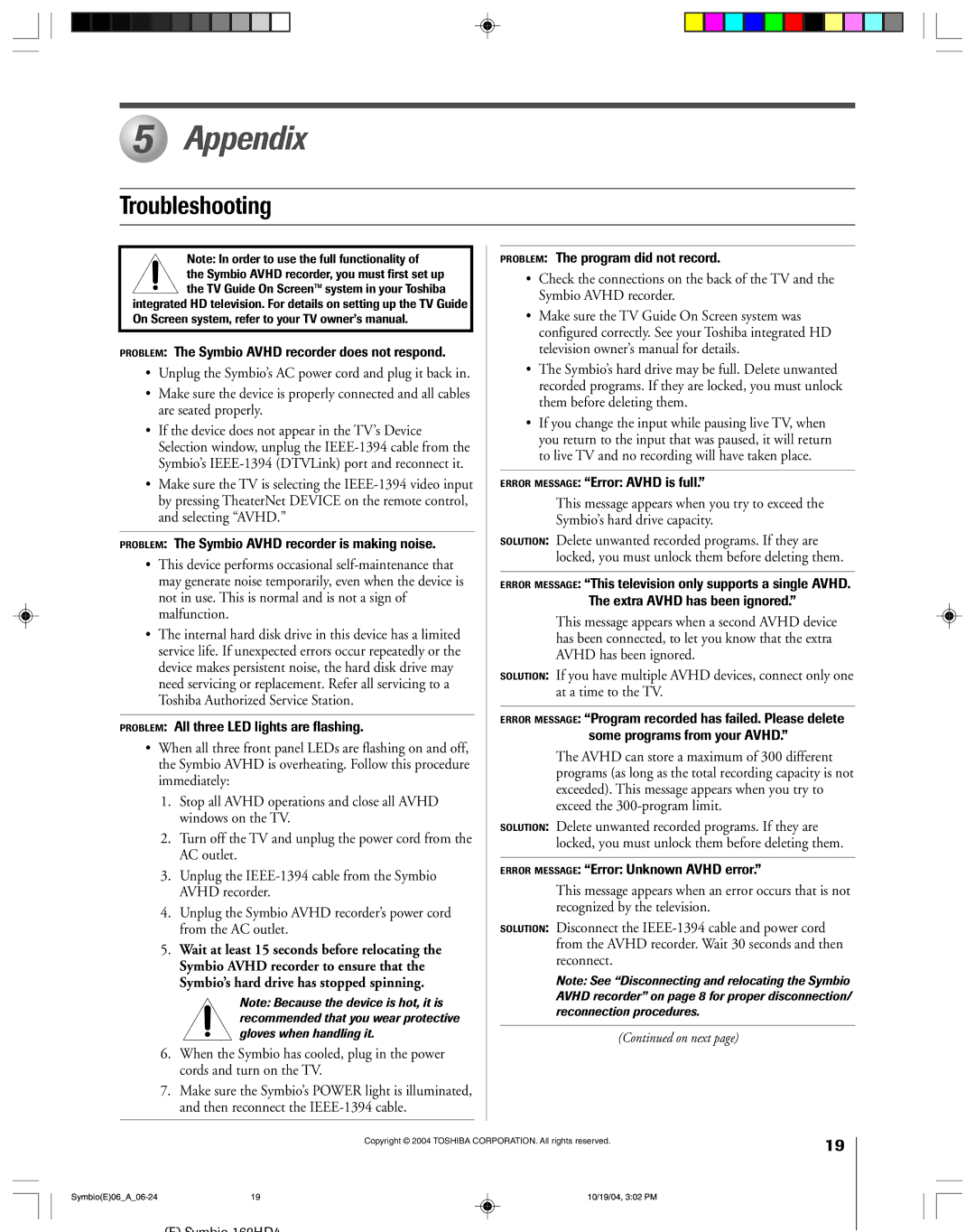 Toshiba 160HD4 owner manual Appendix, Troubleshooting, Wait at least 15 seconds before relocating 