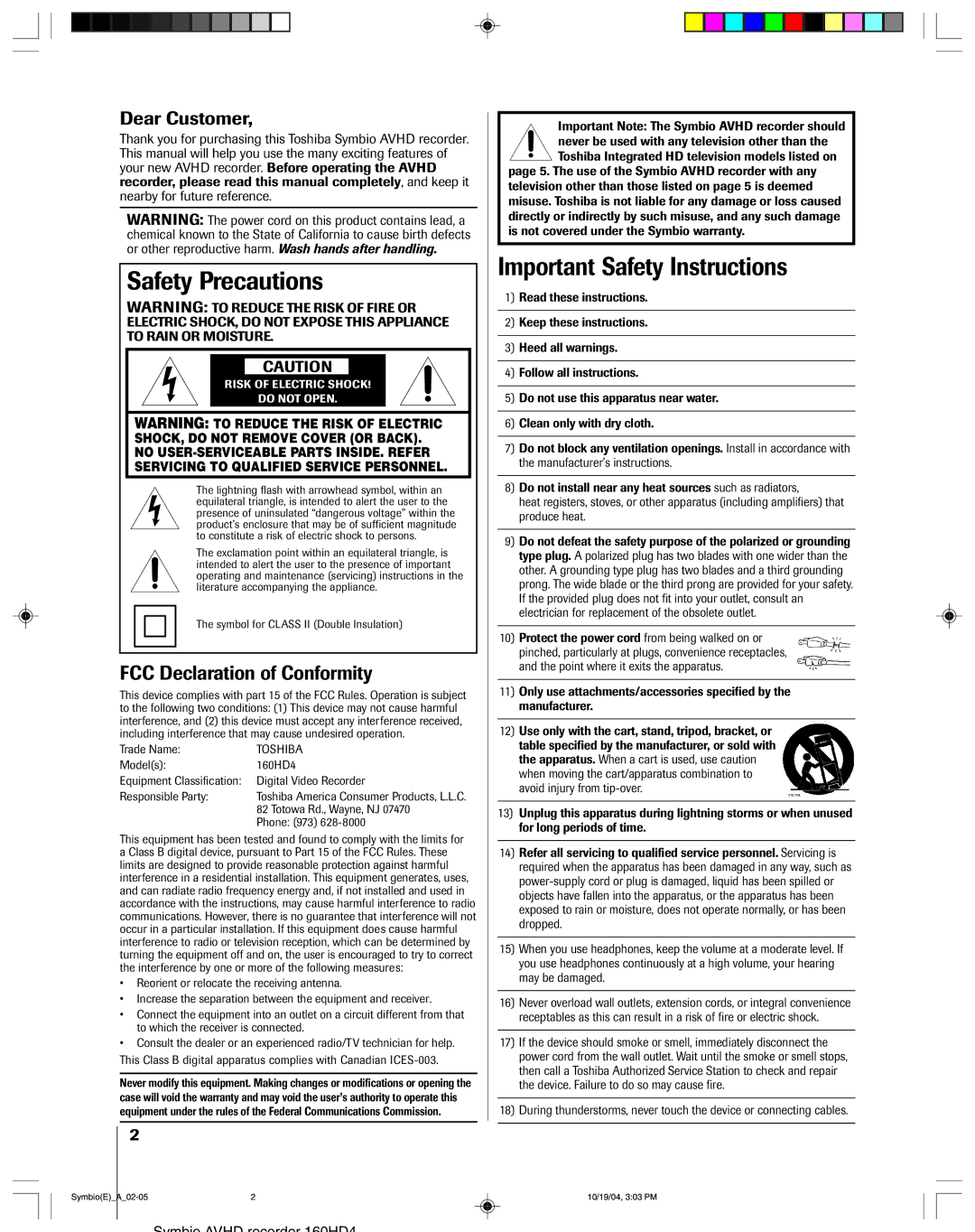 Toshiba 160HD4 owner manual Safety Precautions, Important Safety Instructions 