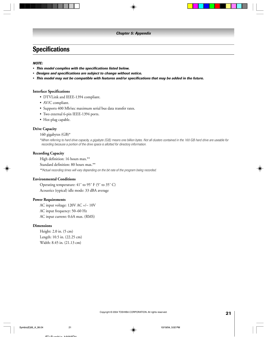 Toshiba 160HD4 owner manual Specifications 