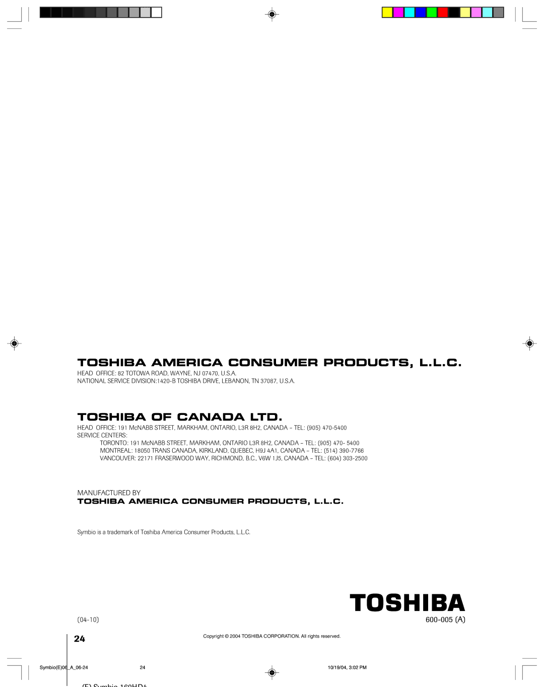 Toshiba 160HD4 owner manual Toshiba America Consumer PRODUCTS, L.L.C 