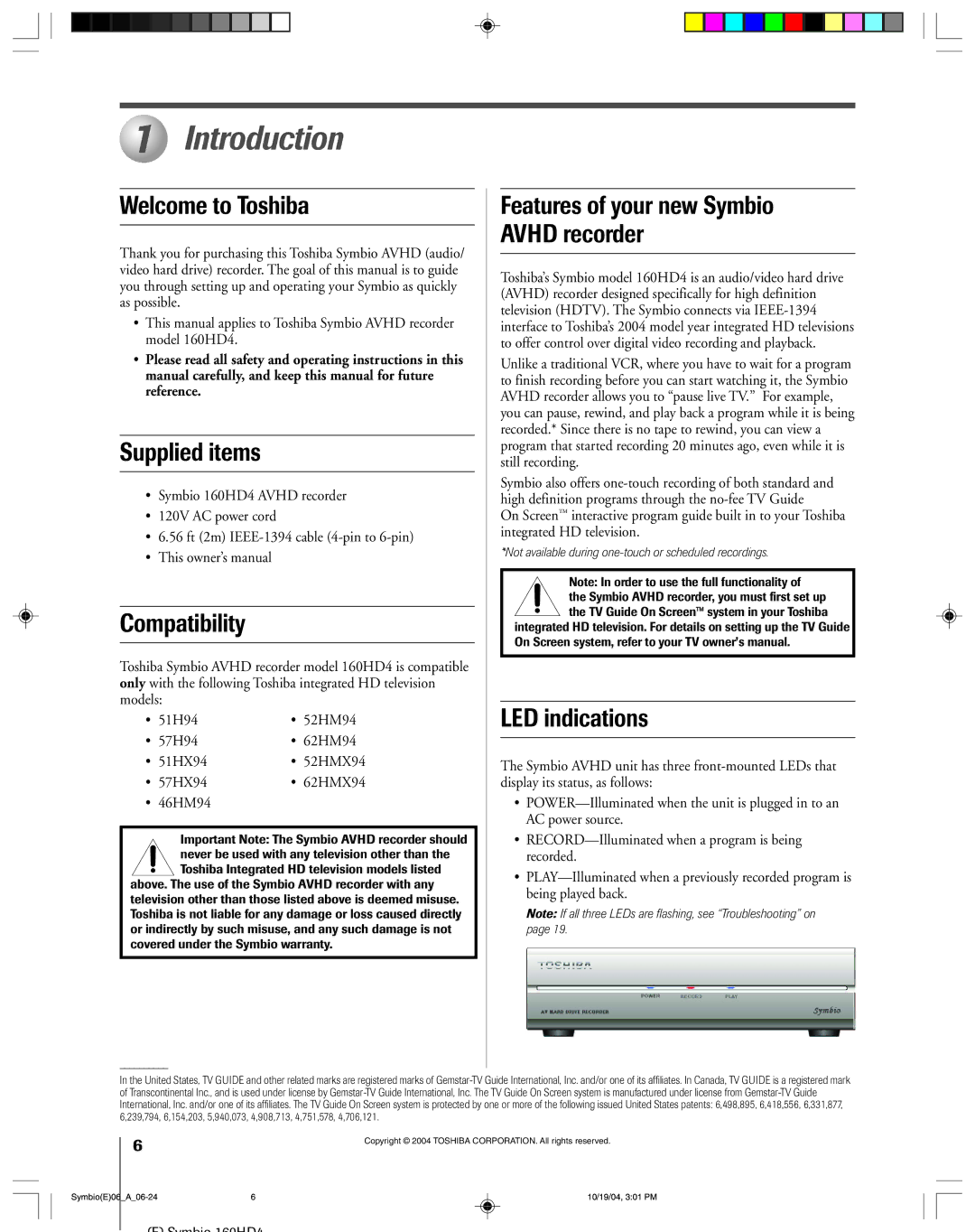 Toshiba 160HD4 owner manual Introduction 