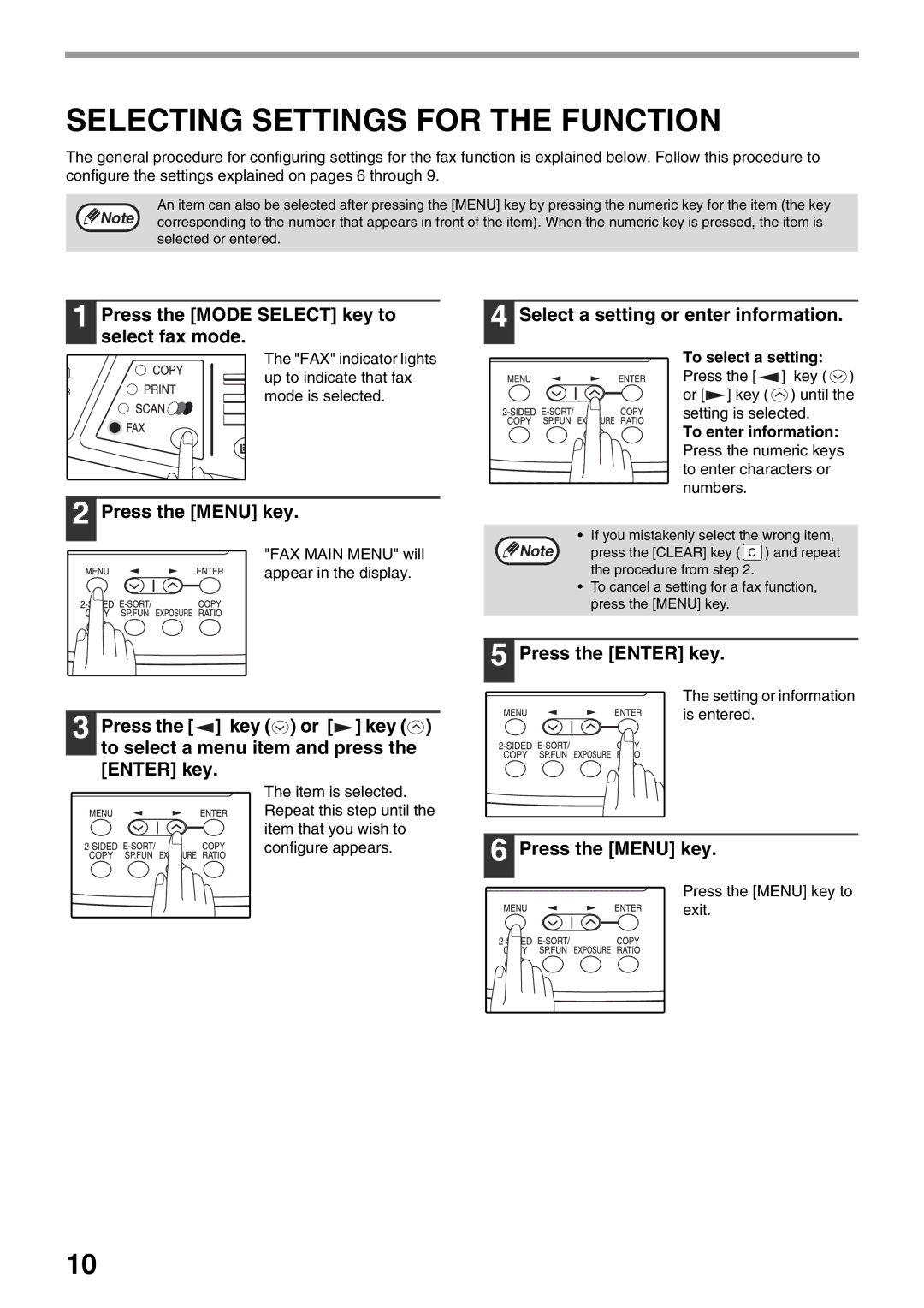 Toshiba 151D, 162 Selecting Settings for the Function, Press the Mode Select key to select fax mode, Press the Menu key 