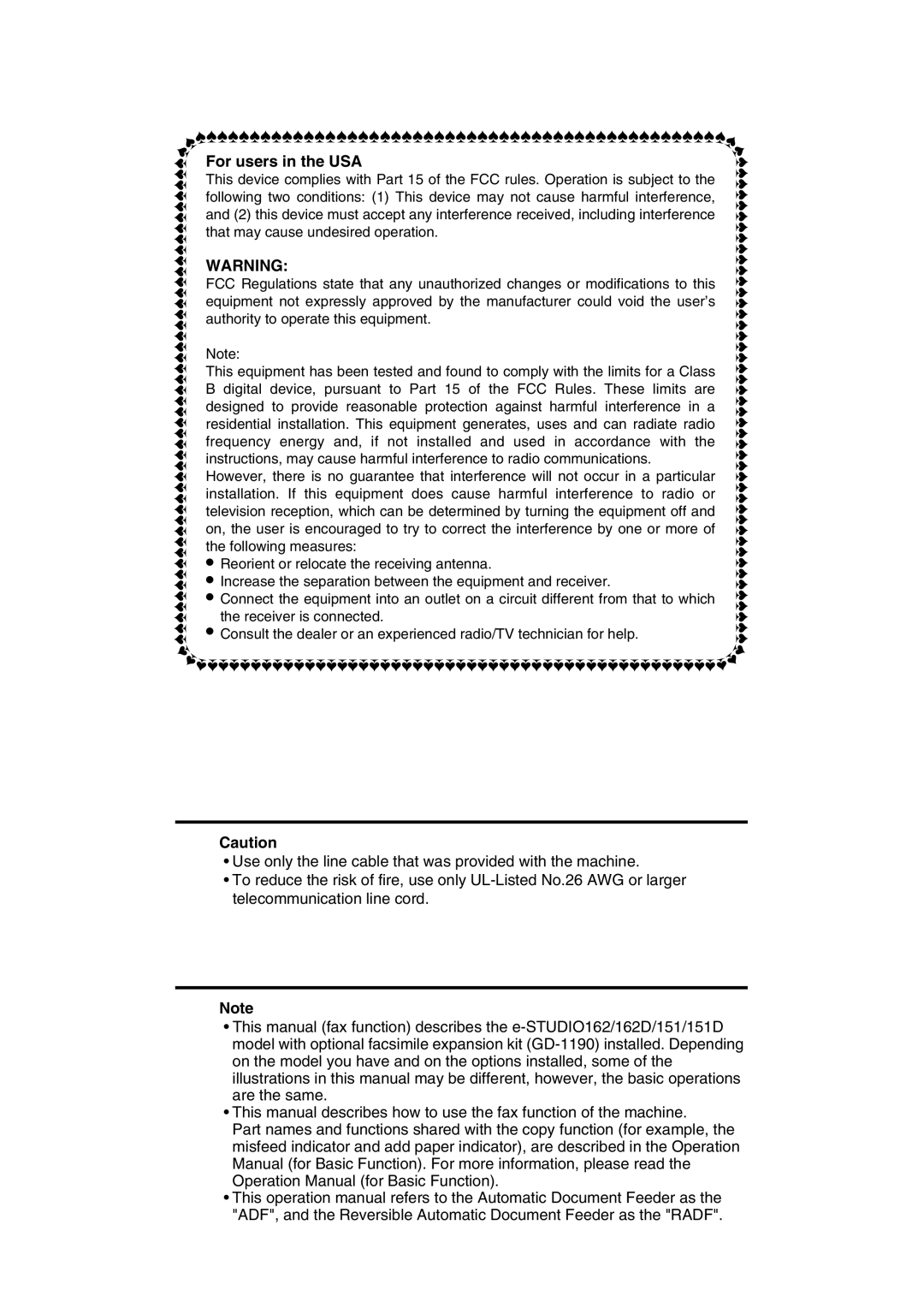 Toshiba 151D, 162D manual For users in the USA, Use only the line cable that was provided with the machine 