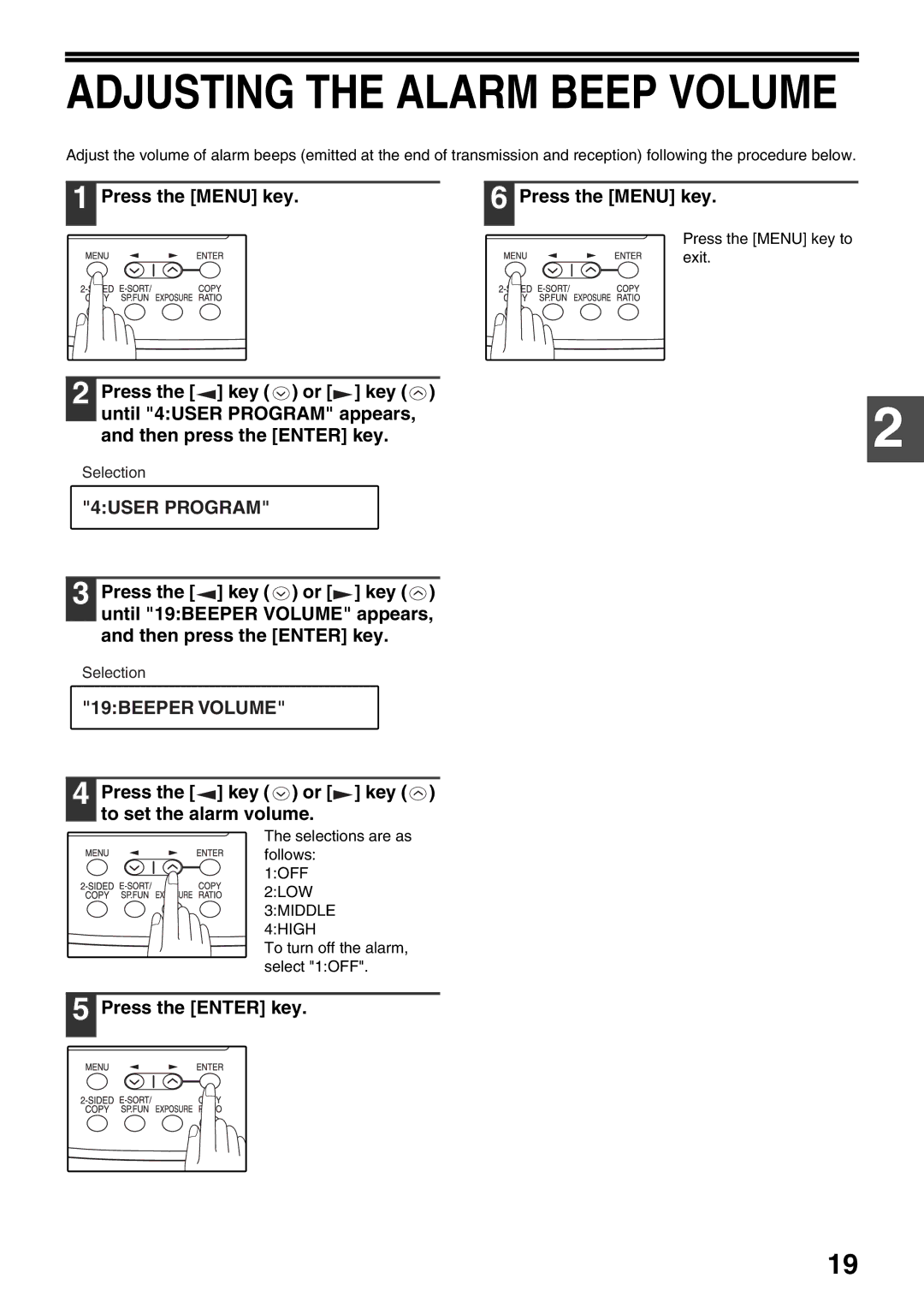 Toshiba 162D, 151D manual 19BEEPER Volume, Press the key or key to set the alarm volume 