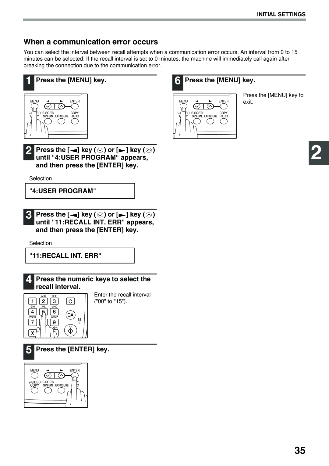 Toshiba 162D, 151D manual 11RECALL INT. ERR, Enter the recall interval 00 to Press the Menu key to exit 