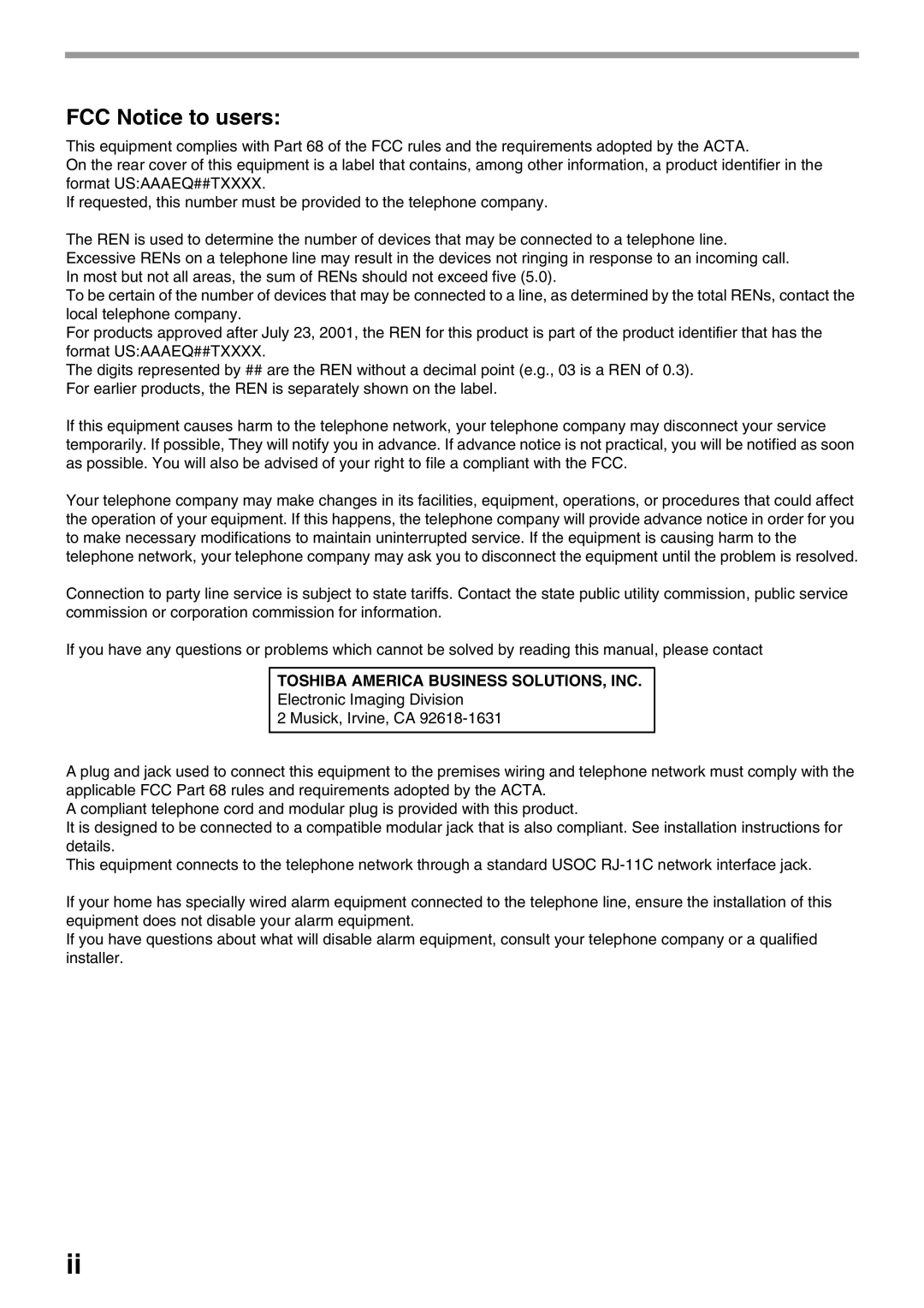 Toshiba 151D, 162D manual FCC Notice to users, Toshiba America Business SOLUTIONS, INC 