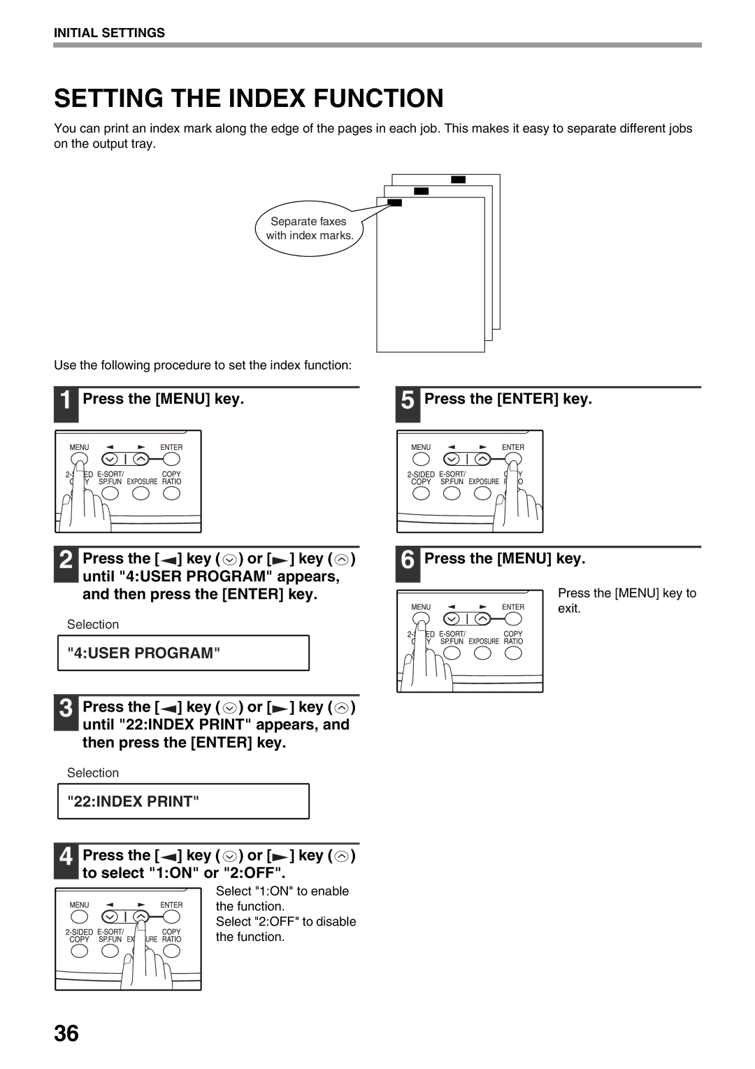 Toshiba 151D, 162D Setting the Index Function, 22INDEX Print, Use the following procedure to set the index function 