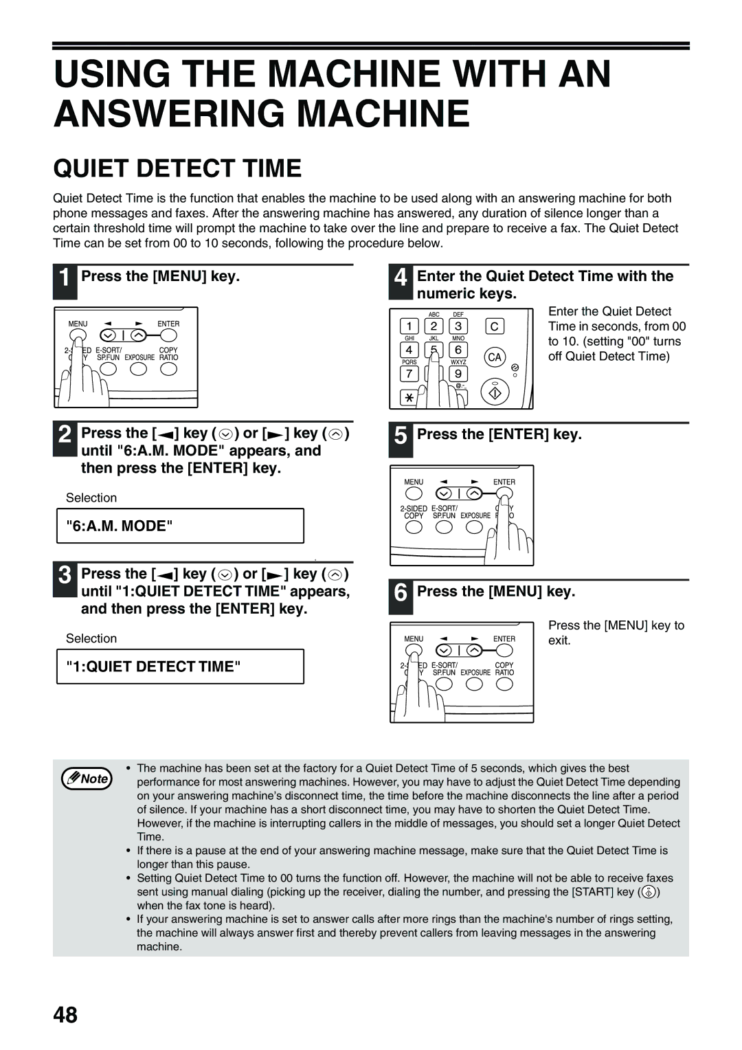 Toshiba 151D, 162D Using the Machine with AN Answering Machine, Quiet Detect Time, 6A.M. Mode, 1QUIET Detect Time 