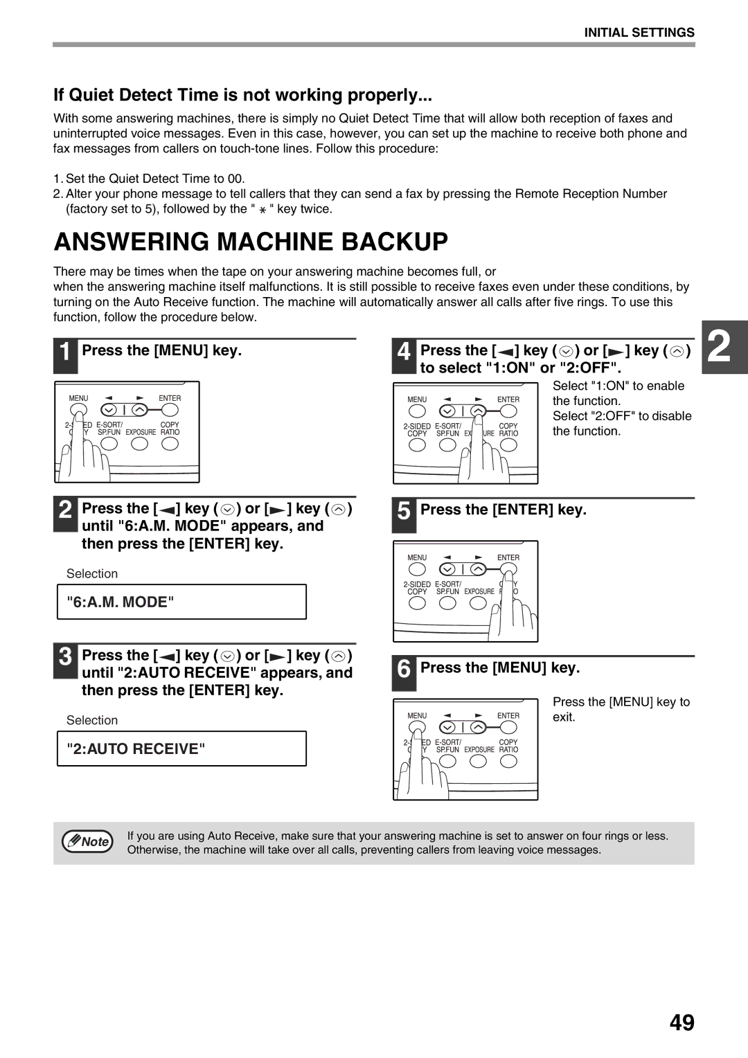 Toshiba 151D, 162D manual Answering Machine Backup, If Quiet Detect Time is not working properly, 2AUTO Receive 