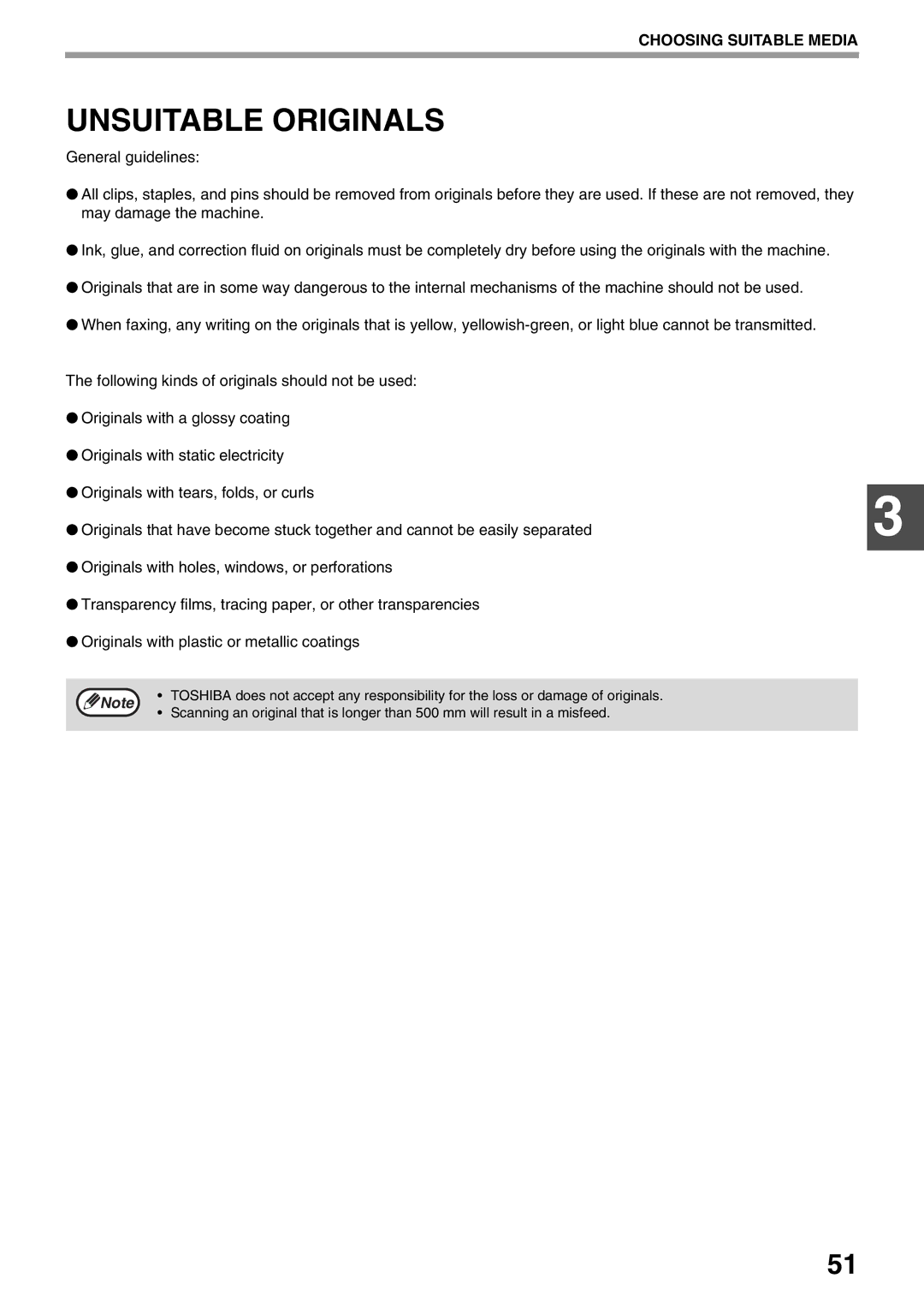 Toshiba 162D, 151D manual Unsuitable Originals, Choosing Suitable Media 