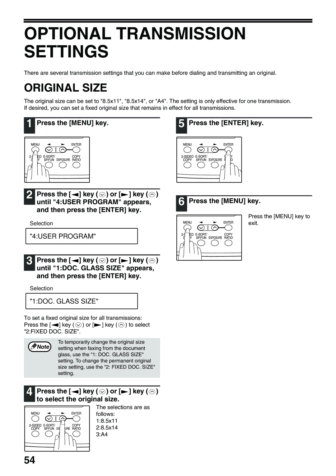 Toshiba 151D, 162D manual Optional Transmission Settings, Original Size, 1DOC. Glass Size 