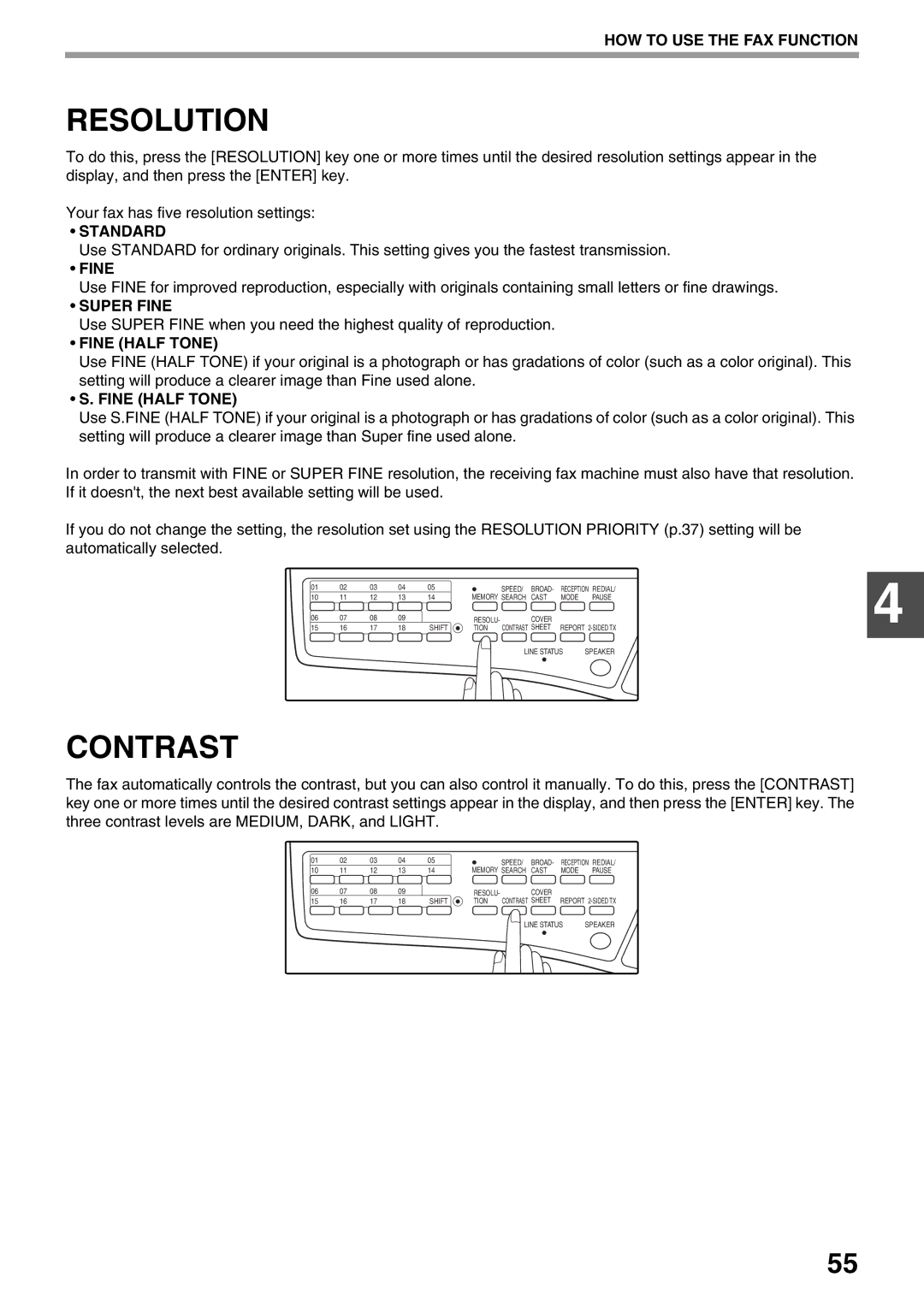 Toshiba 162D, 151D manual Resolution, Contrast, Super Fine, Fine Half Tone 