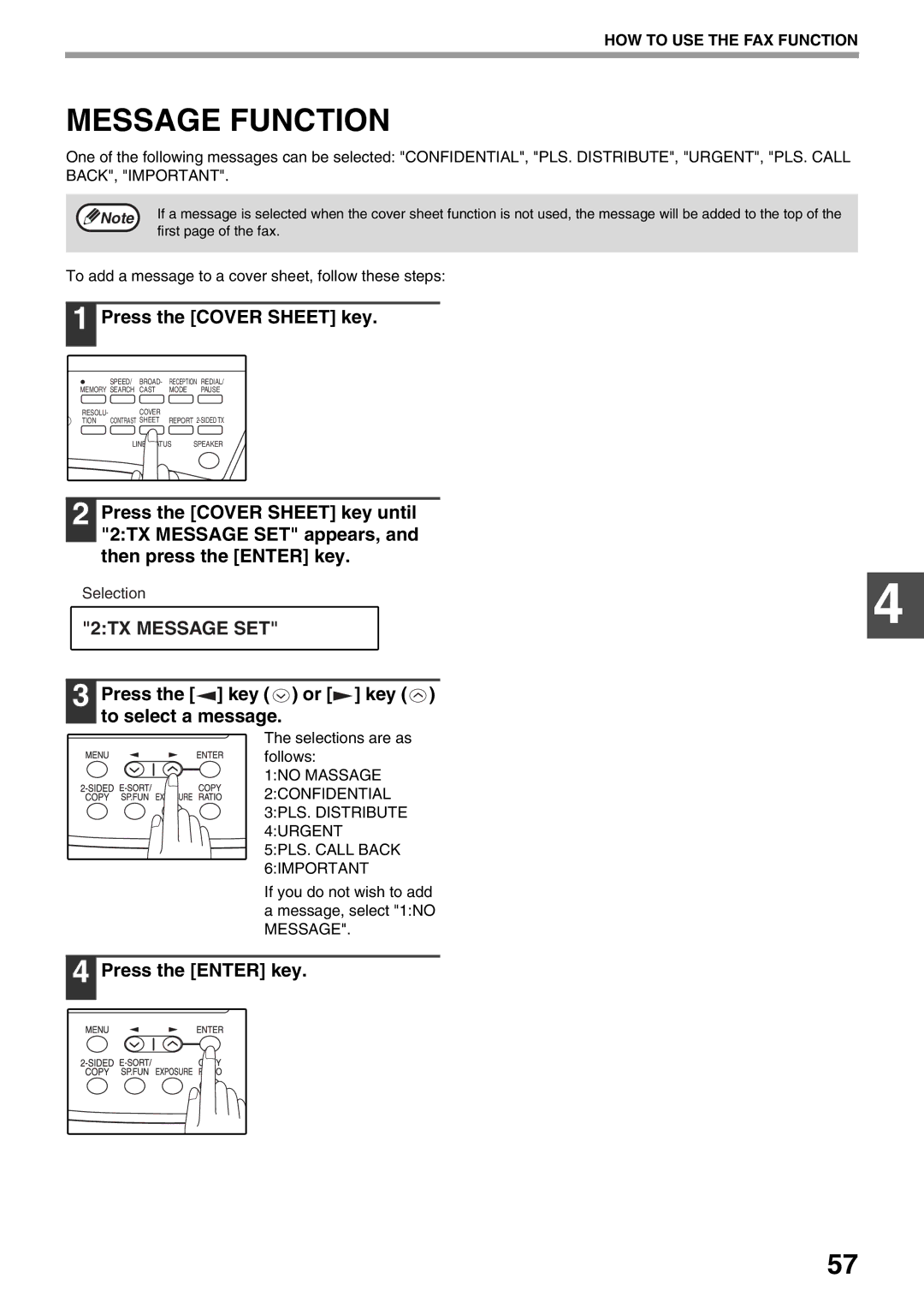 Toshiba 151, 162 Message Function, Press the Cover Sheet key, 2TX Message SET, Press the key or key to select a message 