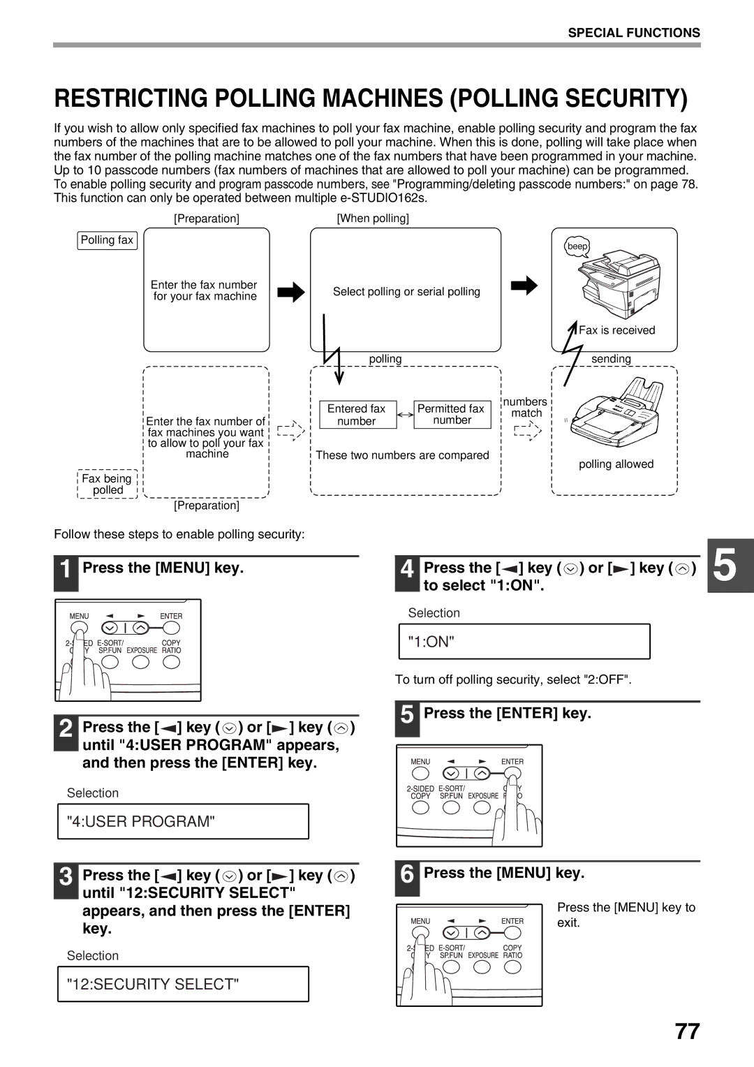 Toshiba 151D, 162D manual Press the Menu key Press the key or Key To select 1ON, 12SECURITY Select 