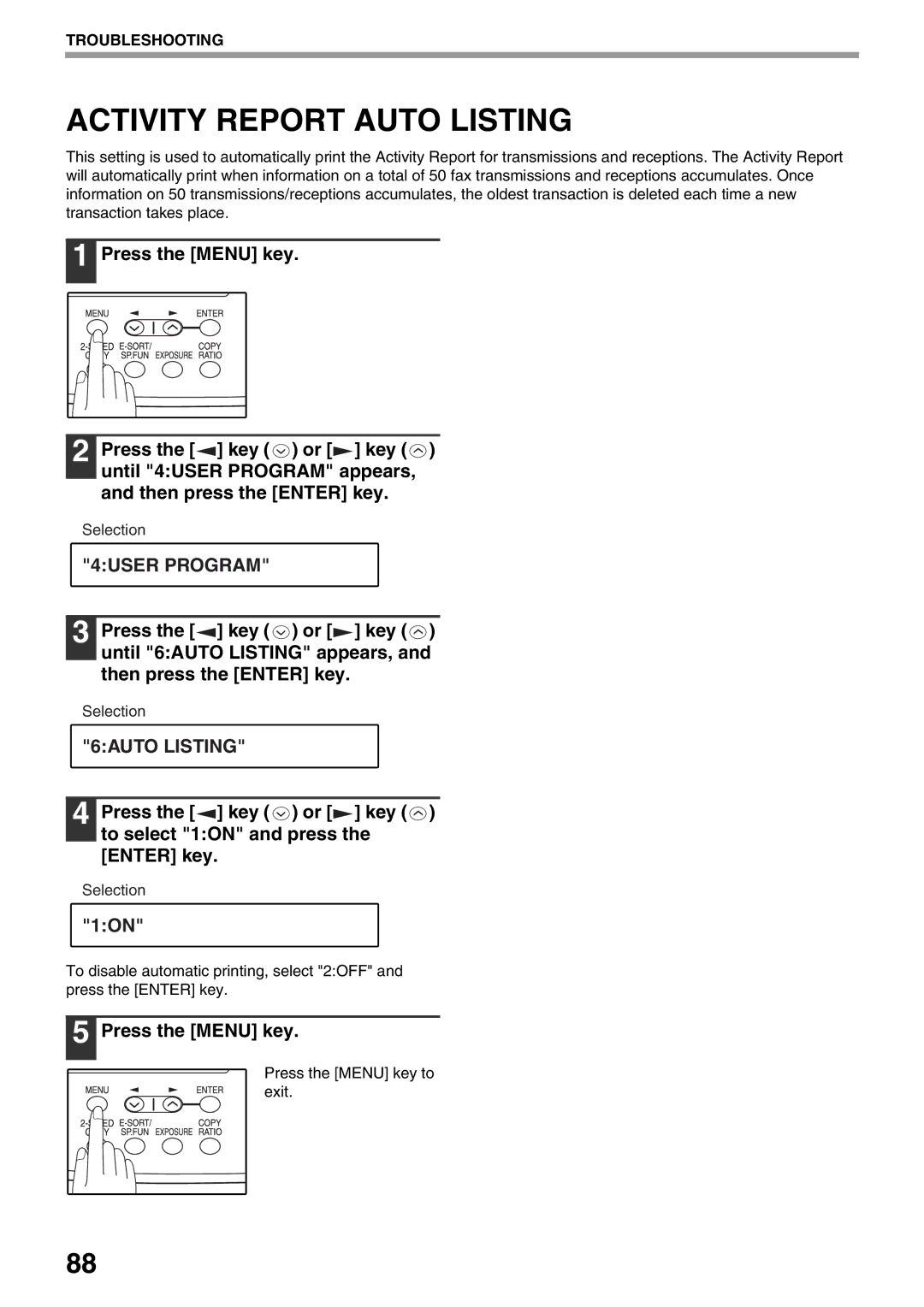 Toshiba 162, 151 Activity Report Auto Listing, 6AUTO Listing, Press the key or key to select 1ON and press the Enter key 