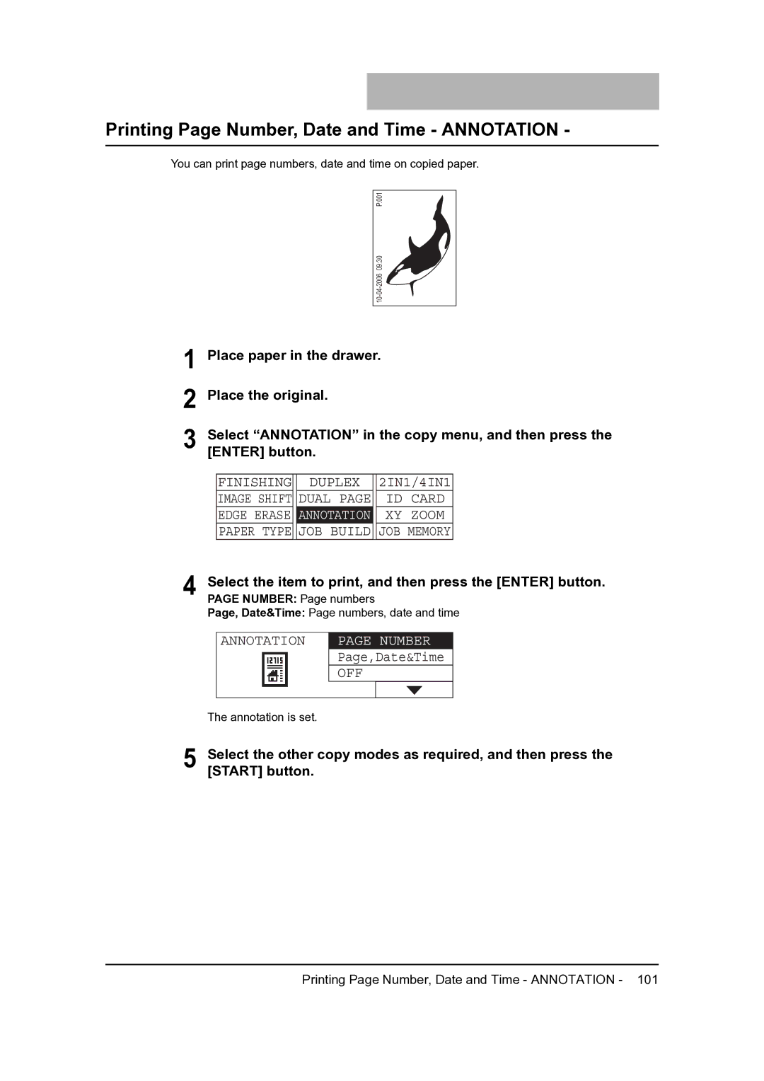 Toshiba 205, 165 manual Printing Page Number, Date and Time Annotation 