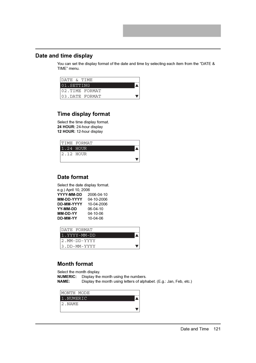 Toshiba 205, 165 manual Date and time display, Time display format, Date format, Month format 